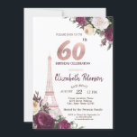 Convite Flores de Borgonha da Torre Eiffel 60º Aniversário<br><div class="desc">Torre Eiffel com brilho,  flores de burlu e confete de ouro no convite de aniversário de fundo de ouro rosa.</div>