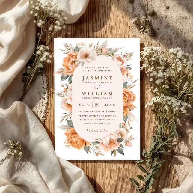 Convite Flores de Buquê Boêmio Elegante Casamento Código Q (Criador carregado)