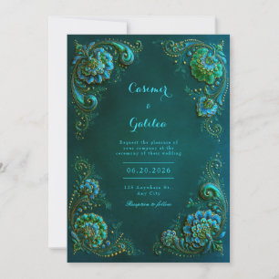 Convite Flores de Canto em Esmeralda Turquesa para Casamen