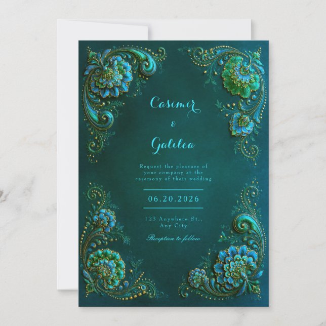 Convite Flores de Canto em Esmeralda Turquesa para Casamen (Frente)