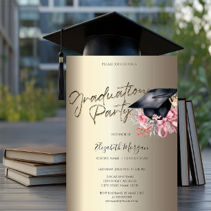 Convite Flores de Capelo de Formatura Sua Foto Dourada Gra