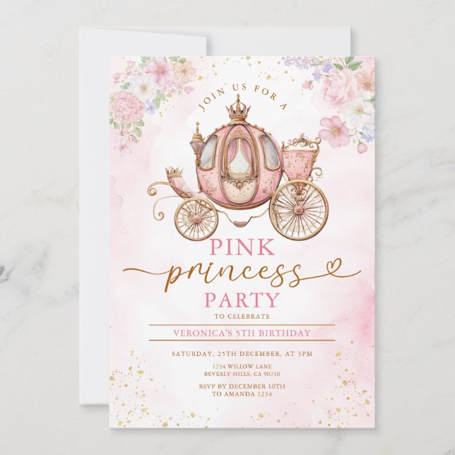 Convite Flores de Carruagem de Aniversário da Princesa Ros (Frente)