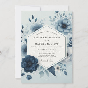 Convite Flores de Casamento Caprichosas Azul Ardósia