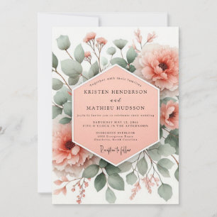 Convite Flores de Casamento Coral Blush Botânico