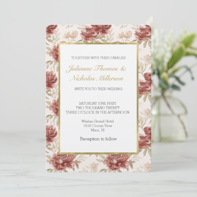 Convite Flores de Casamento Creme Vermelho (Em pé/Frente)