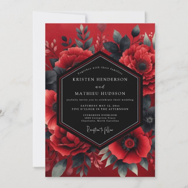 Convite Flores de Casamento Crimson Dramatic Bloom (Frente)