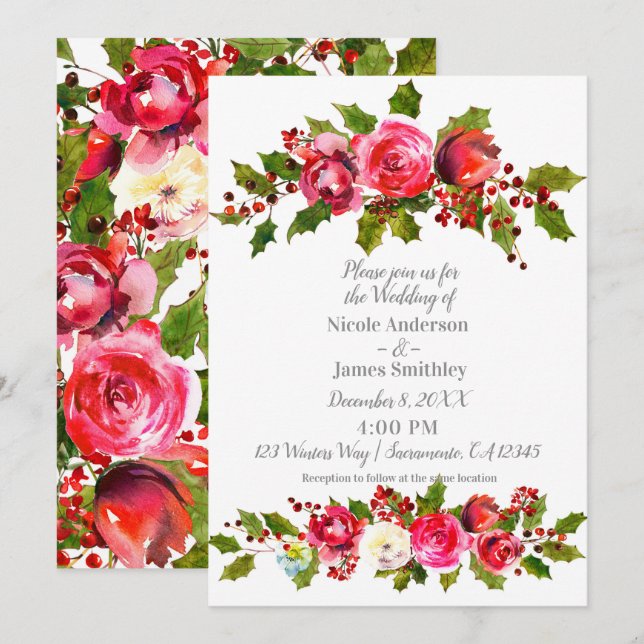 Convite Flores de Casamento de Inverno Folhas de Azevinho  (Frente/Verso)