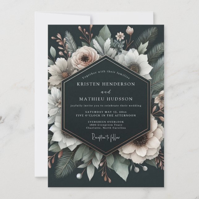 Convite Flores de Casamento em Alabastro e Carvão (Frente)