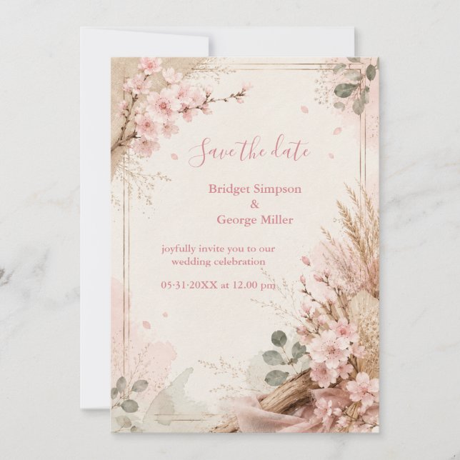 Convite Flores de Casamento Rústico Boho Sakura (Frente)