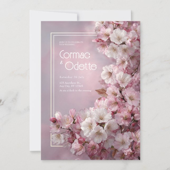 Convite Flores de Cerejeira Brancas Dourado Quadro Românti (Frente)