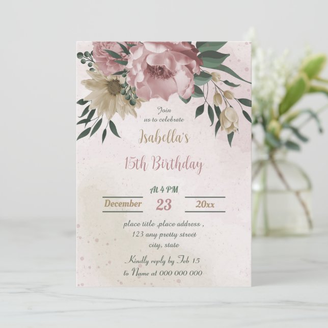 Convite flores de champanhe rosa botânico aniversário  (Em pé/Frente)