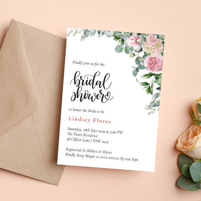 Convite Flores de Chuva de Noiva com Verdura de Rosa (Floral rose greenery invitation creates a fresh, romantic tone for your bridal shower)
