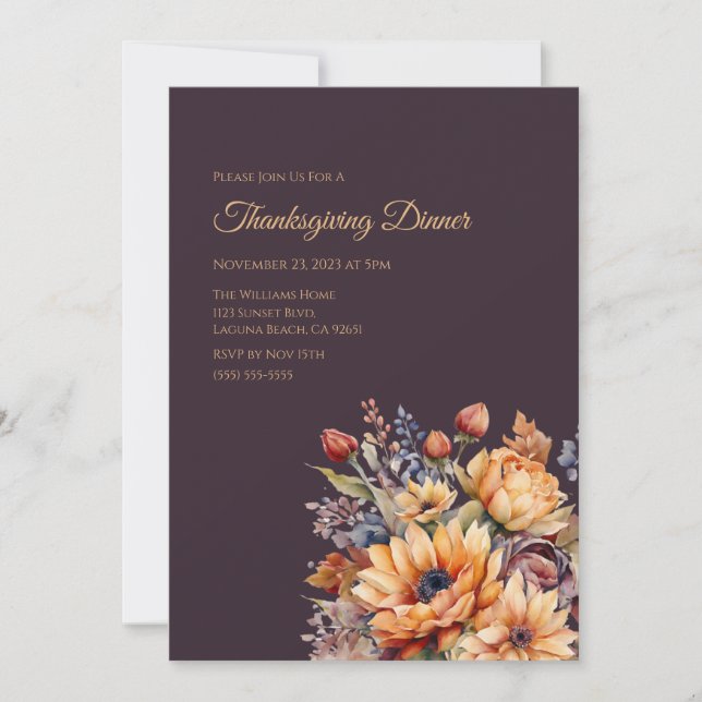 Convite Flores De Cobra De Ação De Graças De Aquarelas - R (Frente)