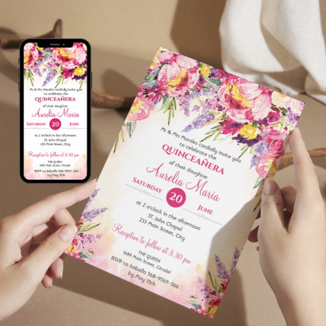 Convite Flores de cor aquosa elegantes Quinceañera (Criador carregado)