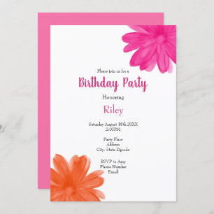 Convite Flores de Cor de Água Rosa Quente e Laranja