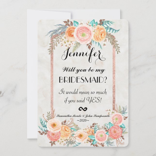 Convite Flores de Coral de Aquarelas e Douradas Bridesmaid (Frente)
