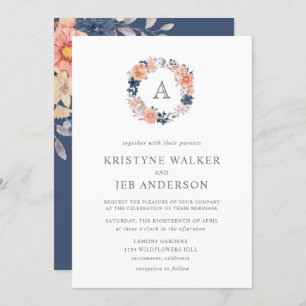 Convite Flores de coral e Marinho Monograma Casamento po