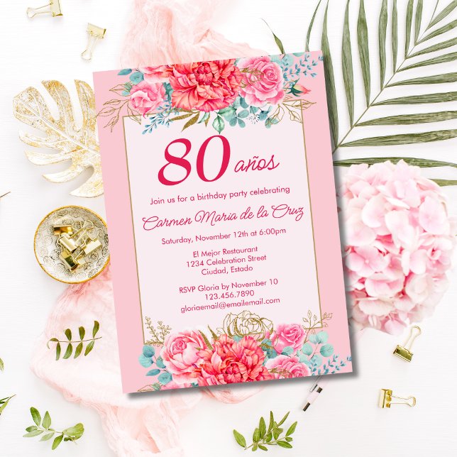 Convite Flores de Coral Rosa Aniversário de 80 anos Espanh (Criador carregado)