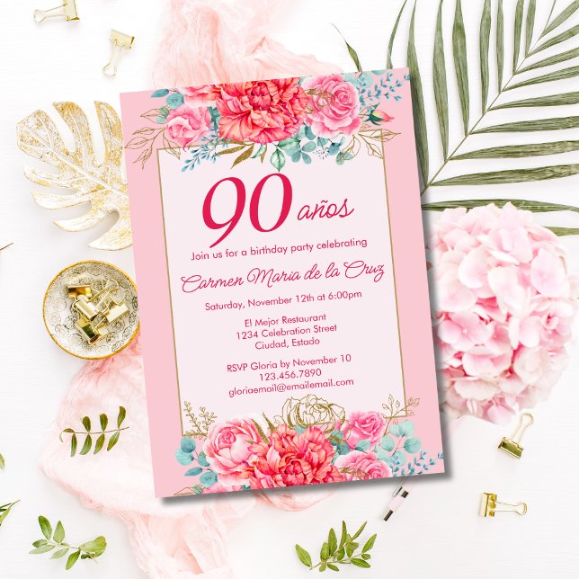 Convite Flores de Coral Rosa Aniversário de 90 Anos Espanh (Criador carregado)