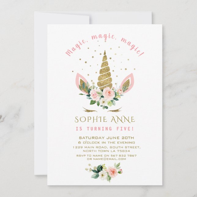 Convite Flores de Creme Rosa Brilho Dourado Aniversário Un (Frente)