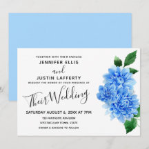 Flores de Dália em Aquarela Azul Casamento Moderno