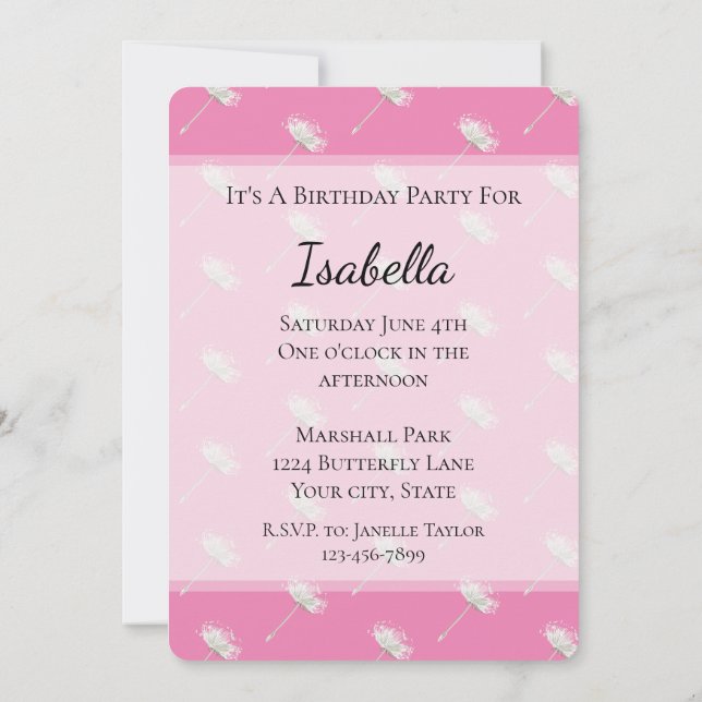 Convite Flores de Dente-de-Leão Rosa Chic Aniversário (Verso)