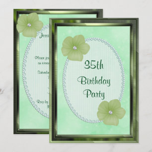 Convite Flores de Diamante Verde & Pérolas 35º Aniversário