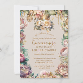 Convite Flores de Diamantes Douradas da Coroa Quinceanera