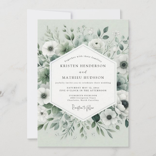 Convite Flores de Elegância em Verde Sálvia Casamento (Frente)