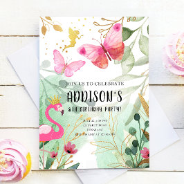 Convite Flores de Fada Flamingo, Jardim de Borboleta, Aniv
