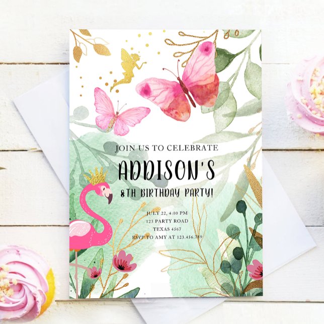 Convite Flores de Fada Flamingo, Jardim de Borboleta, Aniv (Criador carregado)