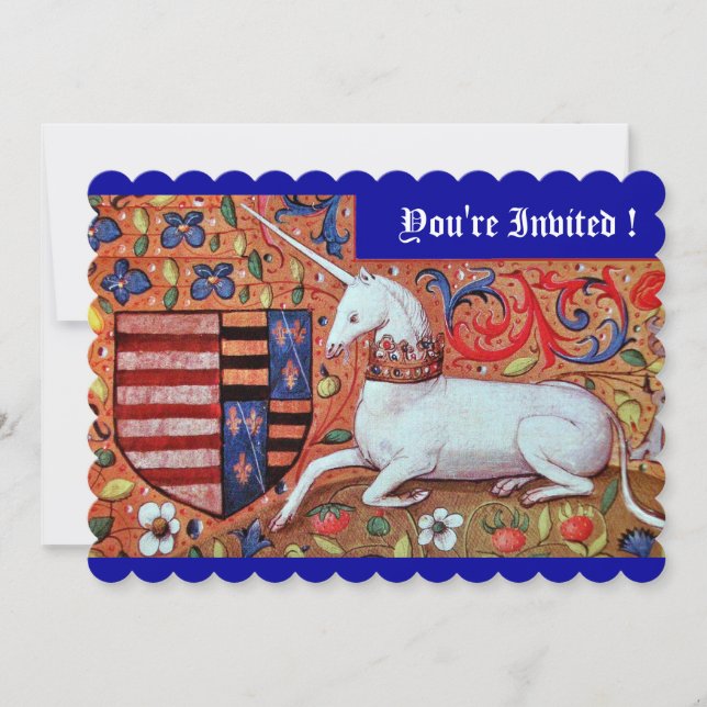 CONVITE FLORES DE FANTASIA UNICORN MEDIEVAL, FLORAL AZUL V (Frente)