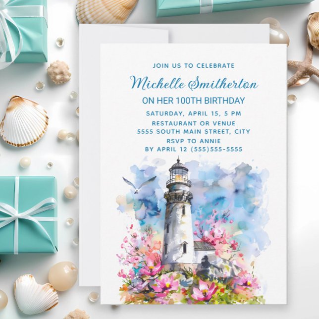 Convite Flores de Farol Rosa 100º Aniversário (Lighthouse and cherry blossoms birthday party invitation)