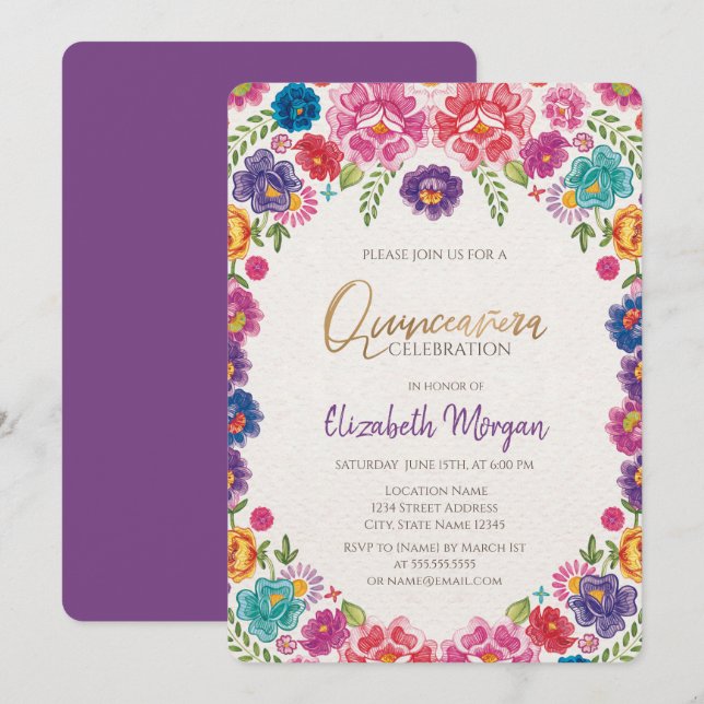 Convite Flores de Festa Mexicana Quinceañera (Frente/Verso)