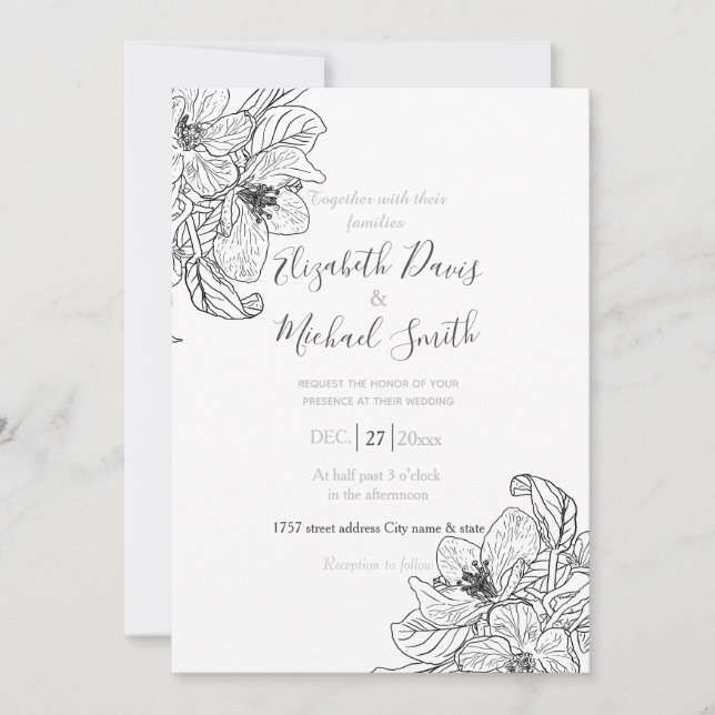 Convite Flores de Flor de Cereja Negra Botânica Branca (Frente)