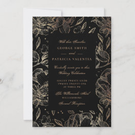 Convite Flores de Folha Dourada Preta Casamento Elegante D