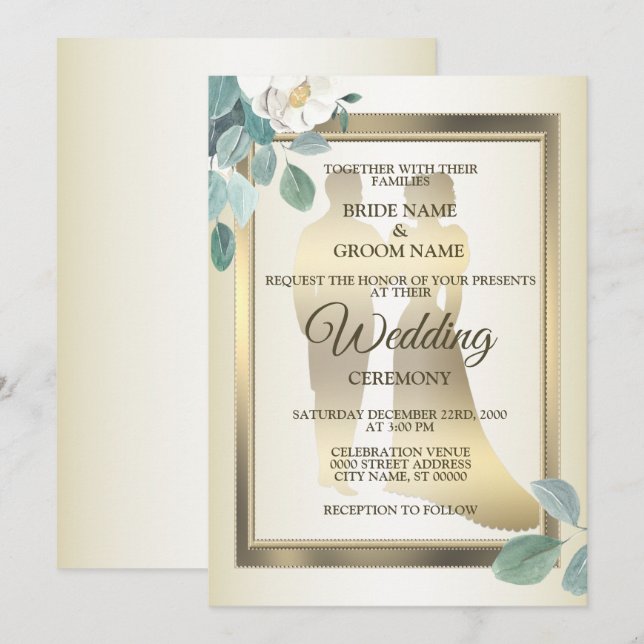 Convite Flores de Folhas Verdes Quadro Dourado Casamento E (Frente/Verso)