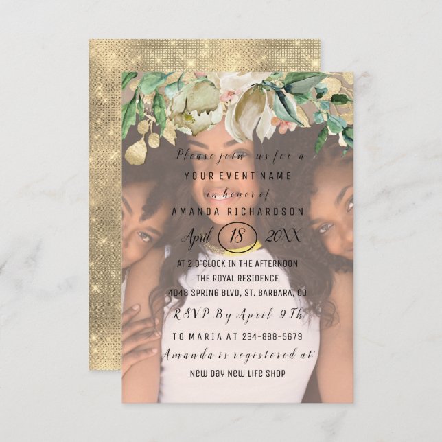 Convite Flores de Fotografias do chá de panela Dourado Spa (Frente/Verso)