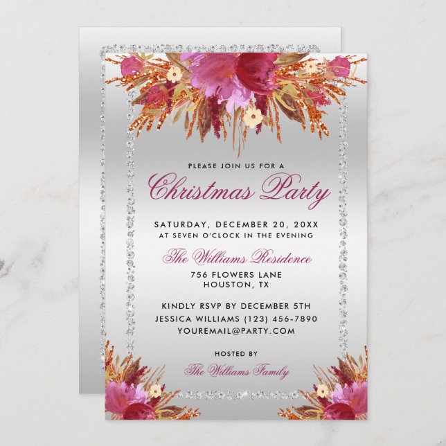 Convite Flores De Glitter, Festa De Natal Com Diamante Em (Frente/Verso)