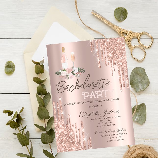 Convite Flores de Gotejamento em Rose Gold Festa de Soltei (Criador carregado)