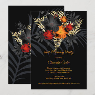 Convite Flores de Hibisco Laranja Vermelho Preto Aniversár