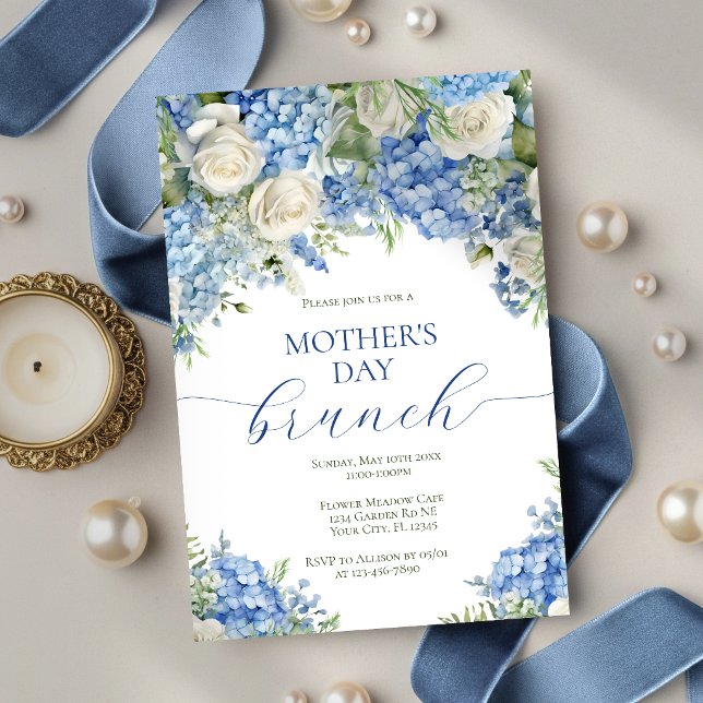 Convite Flores de Hortênsia Azul para Brunch do Dia das Mã (Criador carregado)