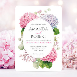 Convite Flores de Hortênsia Rosa Oval de Casamento Aquarel