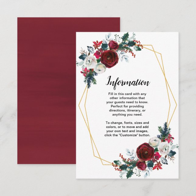 Convite Flores de Inverno Burgundy com Moldura Dourada Geo (Frente/Verso)