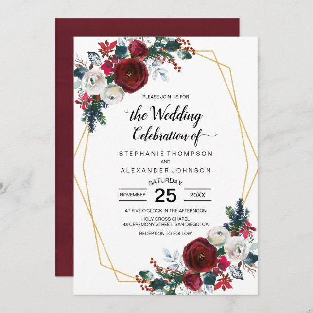 Convite Flores de inverno geométricas Douradas da Frame Bu (Frente/Verso)