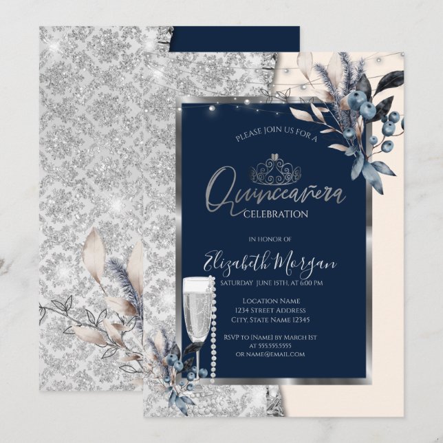 Convite Flores de Inverno,Prosecco Azul Marinho Quinceaner (Frente/Verso)