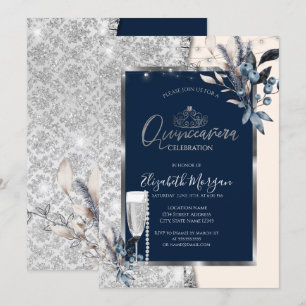 Convite Flores de Inverno,Prosecco Azul Marinho Quinceaner