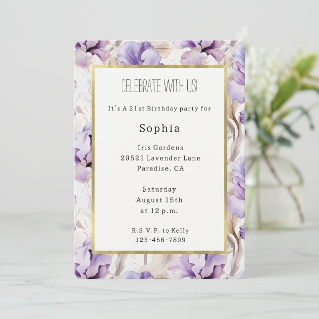 Convite Flores de Íris Creme Roxo Lavanda Aniversário (Em pé/Frente)