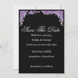 Convite Flores de Jacarandá Pretas e Roxas Save the Date