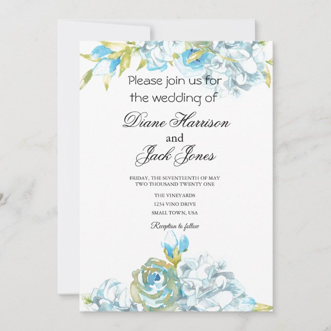 Convite Flores de Jardim Azul Casamento (Frente)